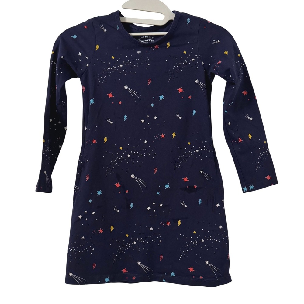 MIGHTLY Dress Girls Small 6/7 Blue Stars Lightning Bolt Organic‎ Cotton